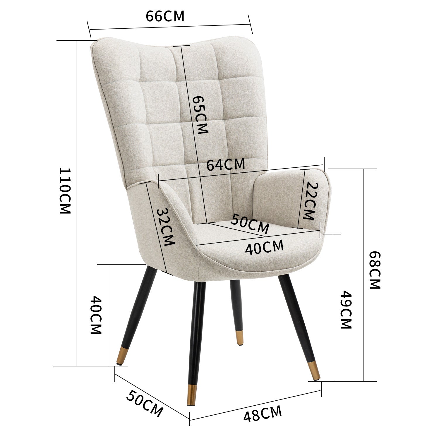 Scandinavian armchair with armrests in beige fabric with stitching - FUNKEL