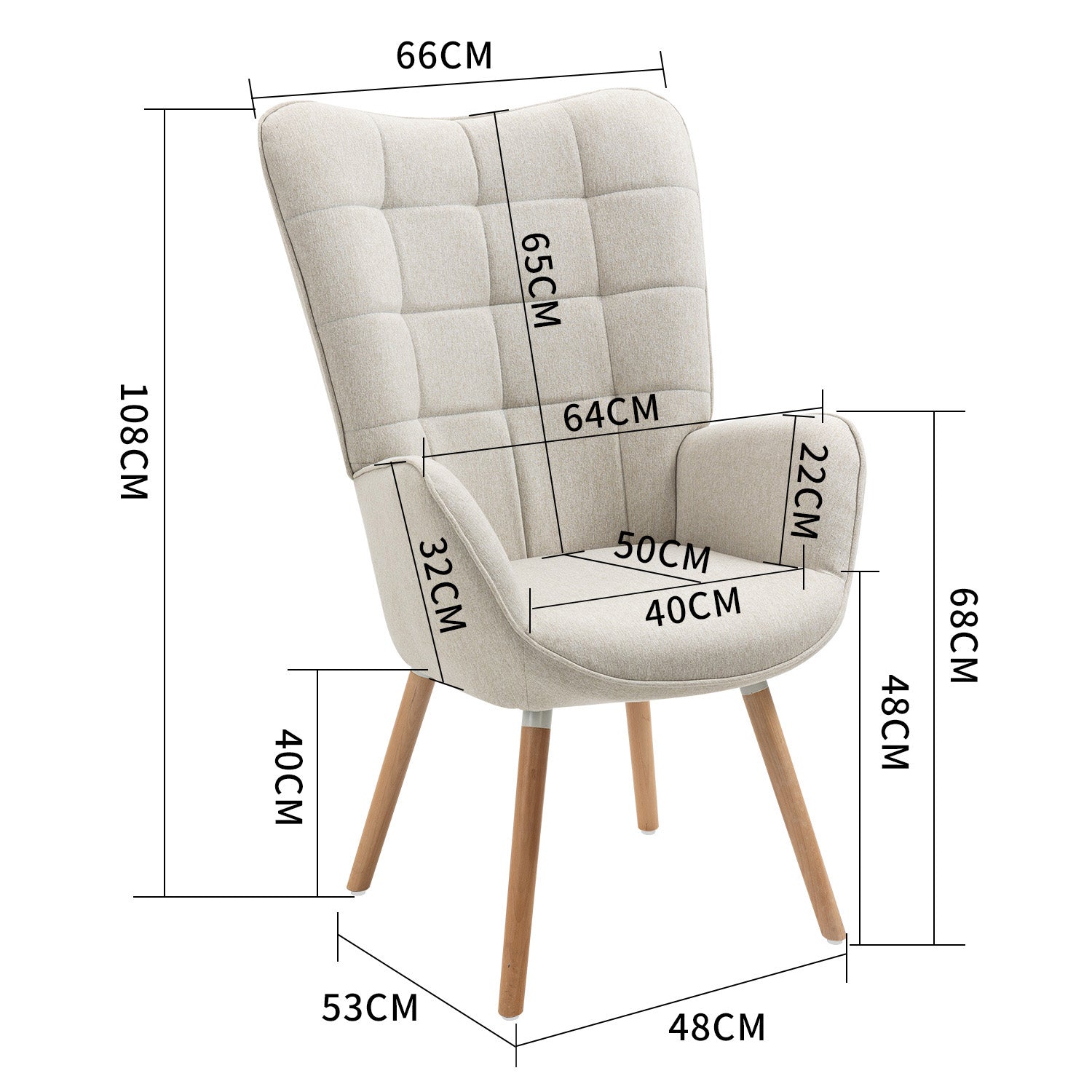 Scandinavian armchair with armrests in beige fabric with stitching - Funkel