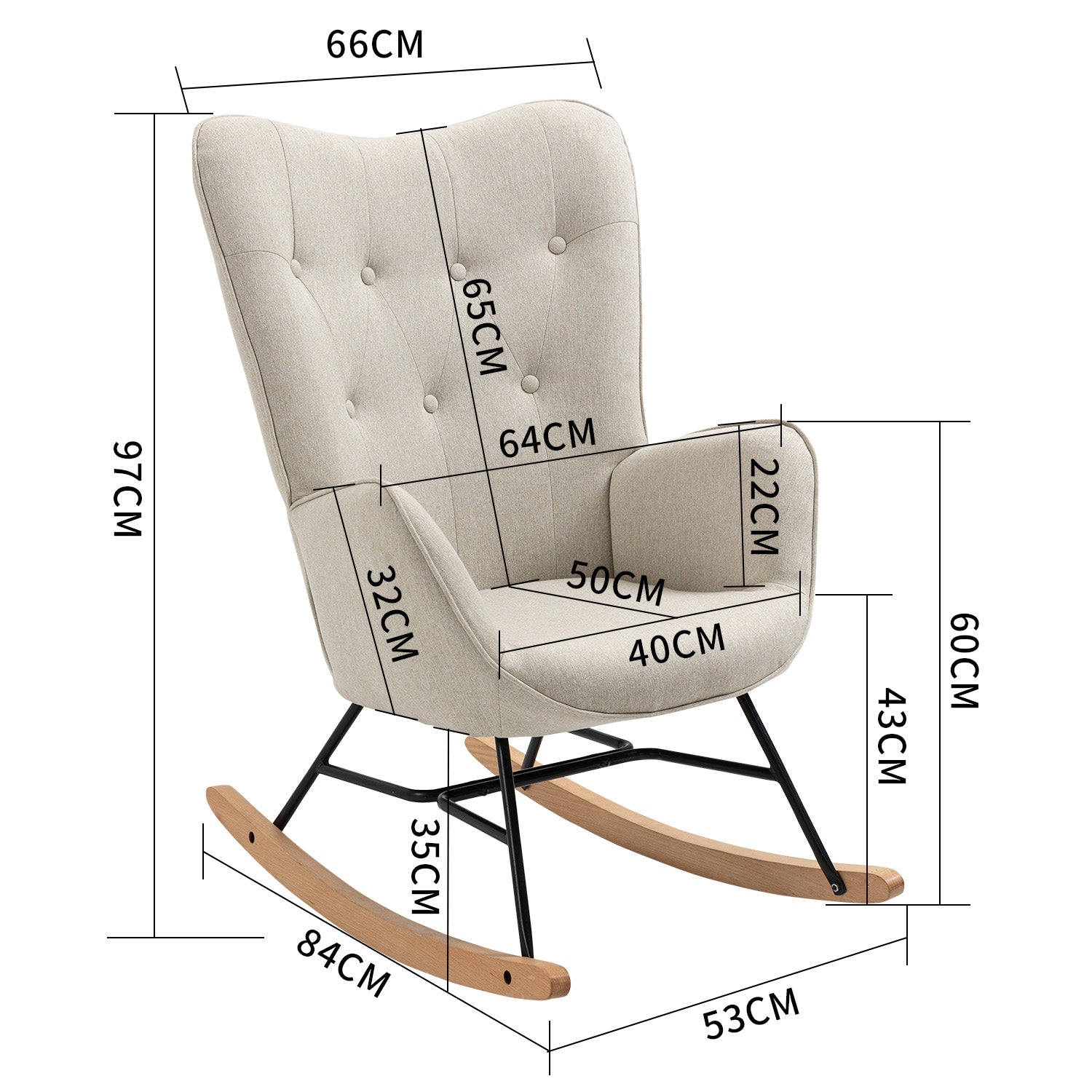 Comfortable Scandinavian nursing rocking chair in beige padded fabric - EPPING FABRIC BEIGE NATURE WOOD LEG