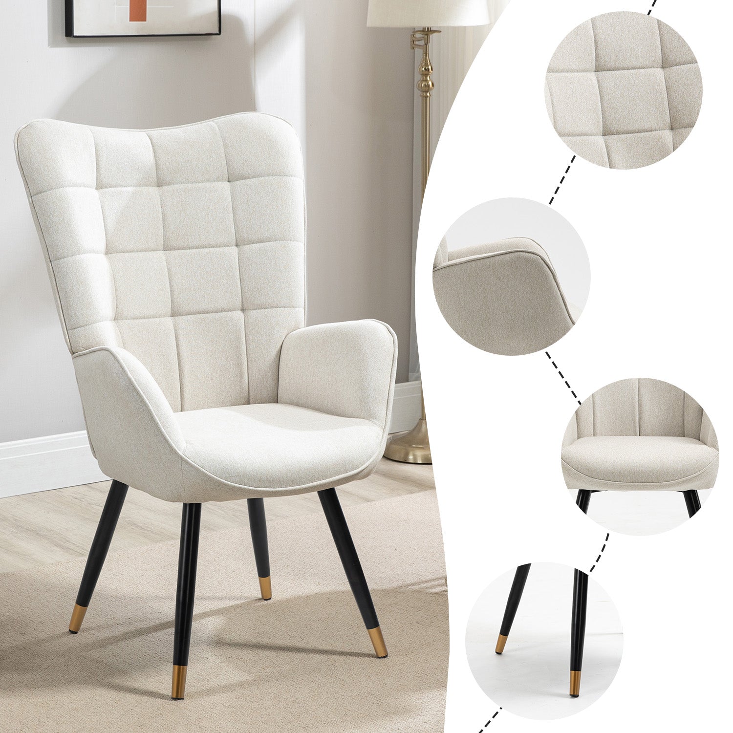 Fauteuil scandinave avec accoudoirs en tissu beige à surpiqûres - FUNKEL