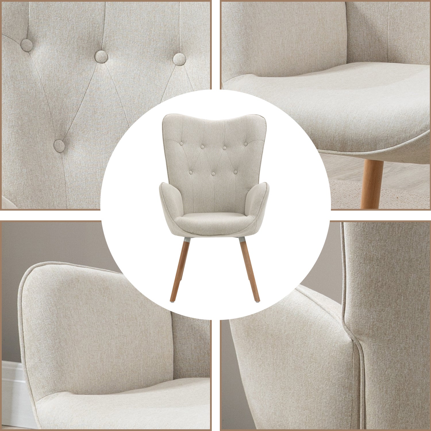 Scandinavian armchair with padded back, upholstered in beige fabric, solid wood legs - KAS FABRIC BEIGE NATURAL WOOD