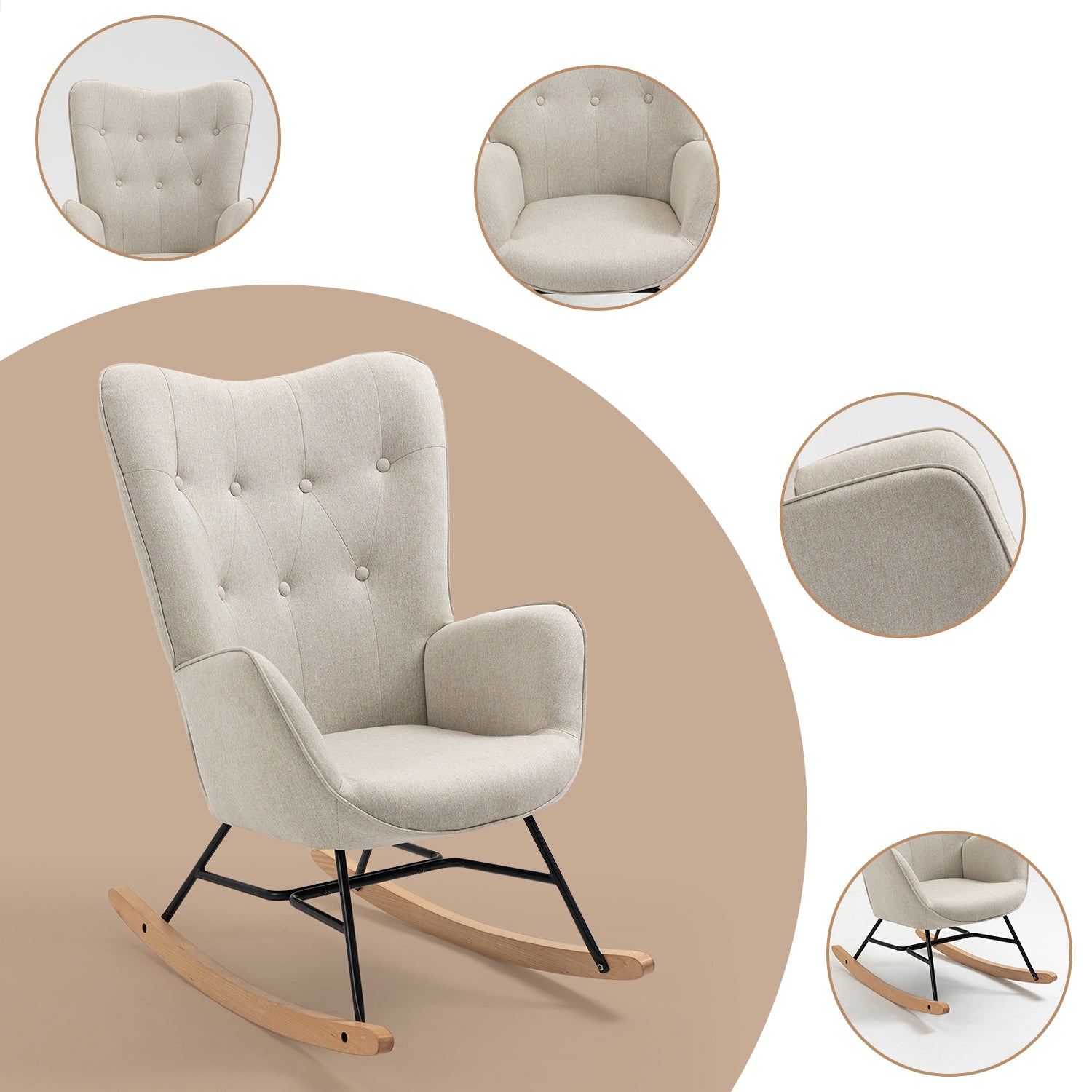 Comfortable Scandinavian nursing rocking chair in beige padded fabric - EPPING FABRIC BEIGE NATURE WOOD LEG