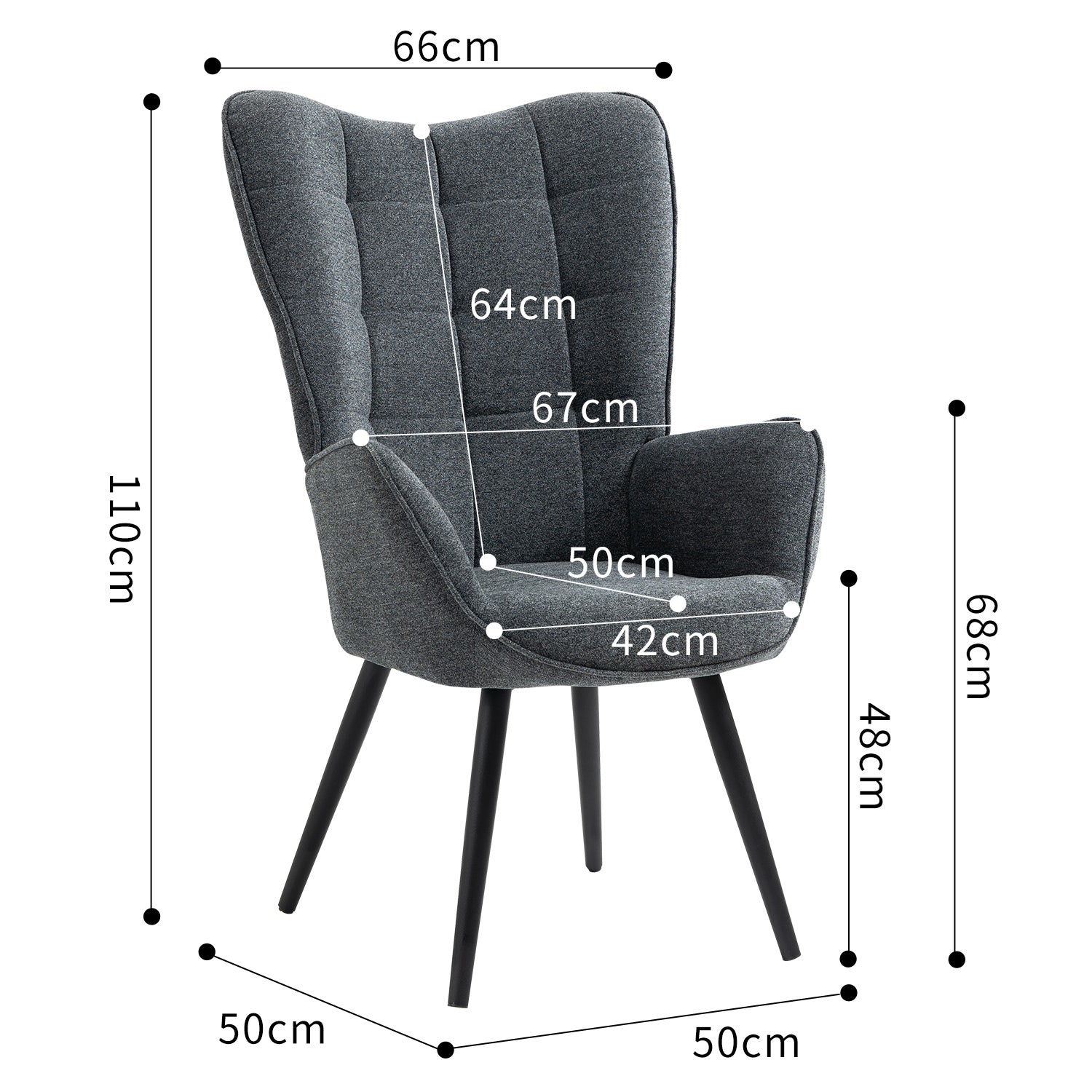 Scandinavian armchair with armrests in dark gray fabric with stitching - Funkel