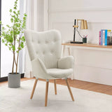 Scandinavian armchair with padded back, upholstered in beige fabric, solid wood legs - KAS FABRIC BEIGE NATURAL WOOD