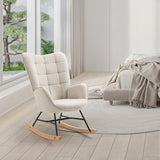 Sedia a dondolo per allattamento scandinava con braccioli in tessuto beige con cuciture - FUNKEL