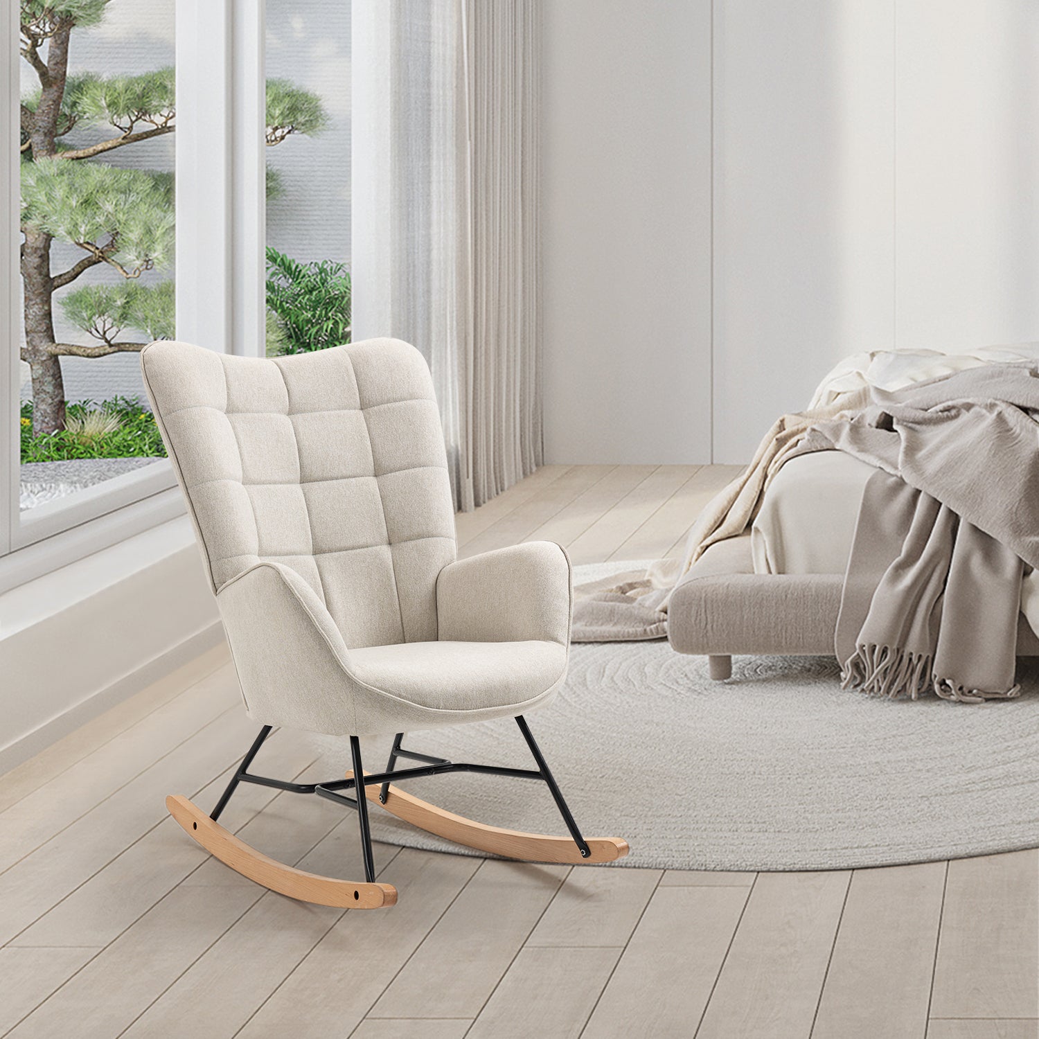 Fauteuil à bascule allaitement scandinave avec accoudoirs en tissu beige à surpiqûres - FUNKEL