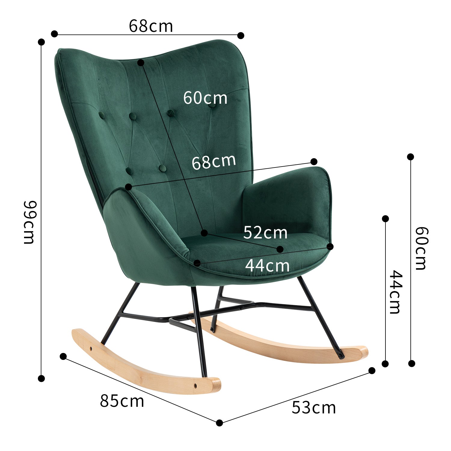 Bequemer Schaukelstuhl aus dunkelgrünem Samt – EPPING KD VELVET GREEN WOOD LEG