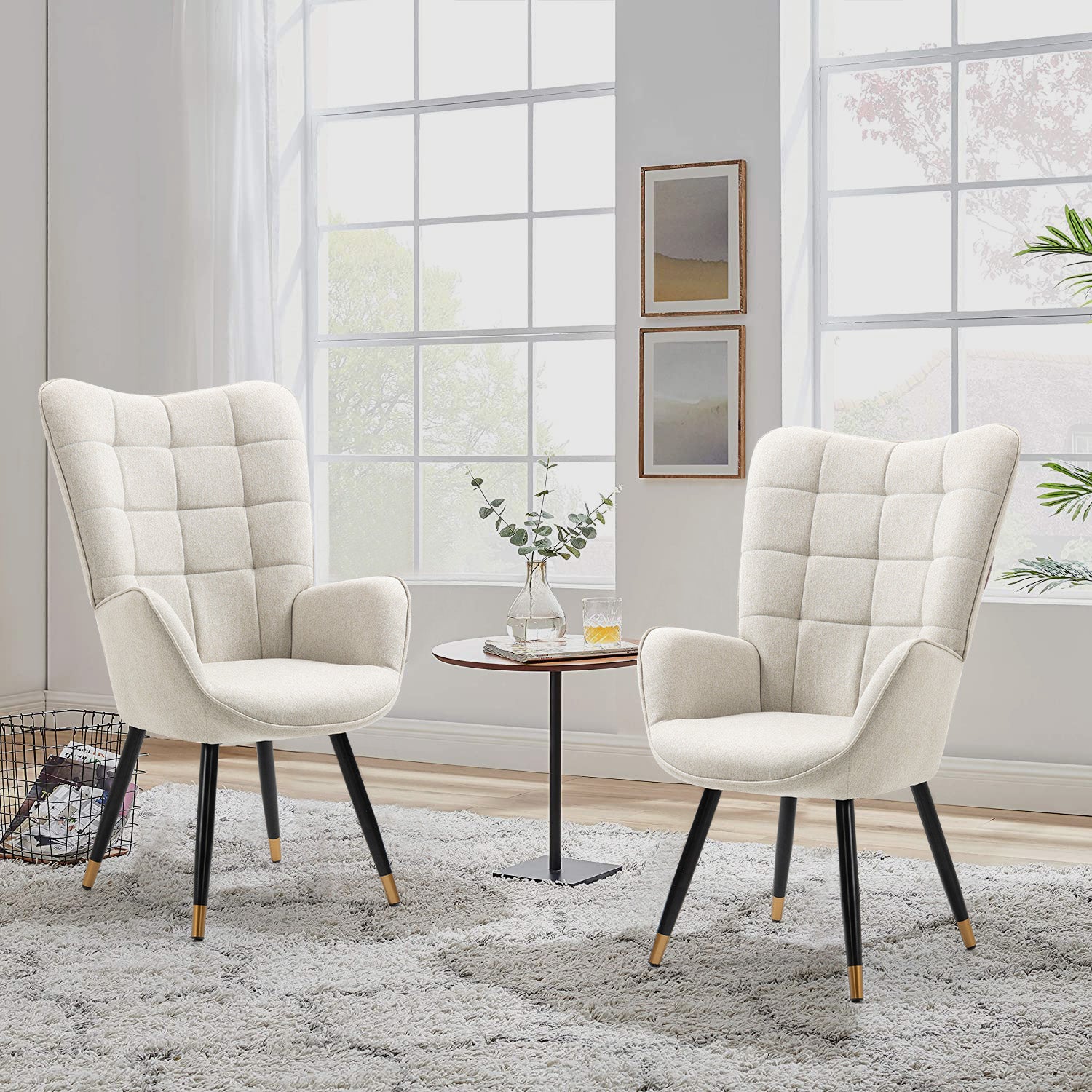 Scandinavian armchair with armrests in beige fabric with stitching - FUNKEL