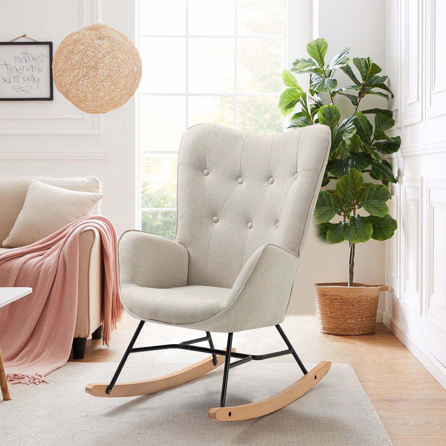 Scandinavian breastfeeding rocking chair with armrests in beige padded fabric - EPPING