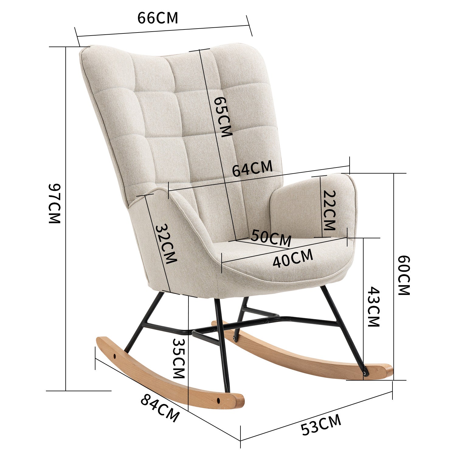 Scandinavian nursing rocking chair with armrests in beige fabric with stitching - FUNKEL