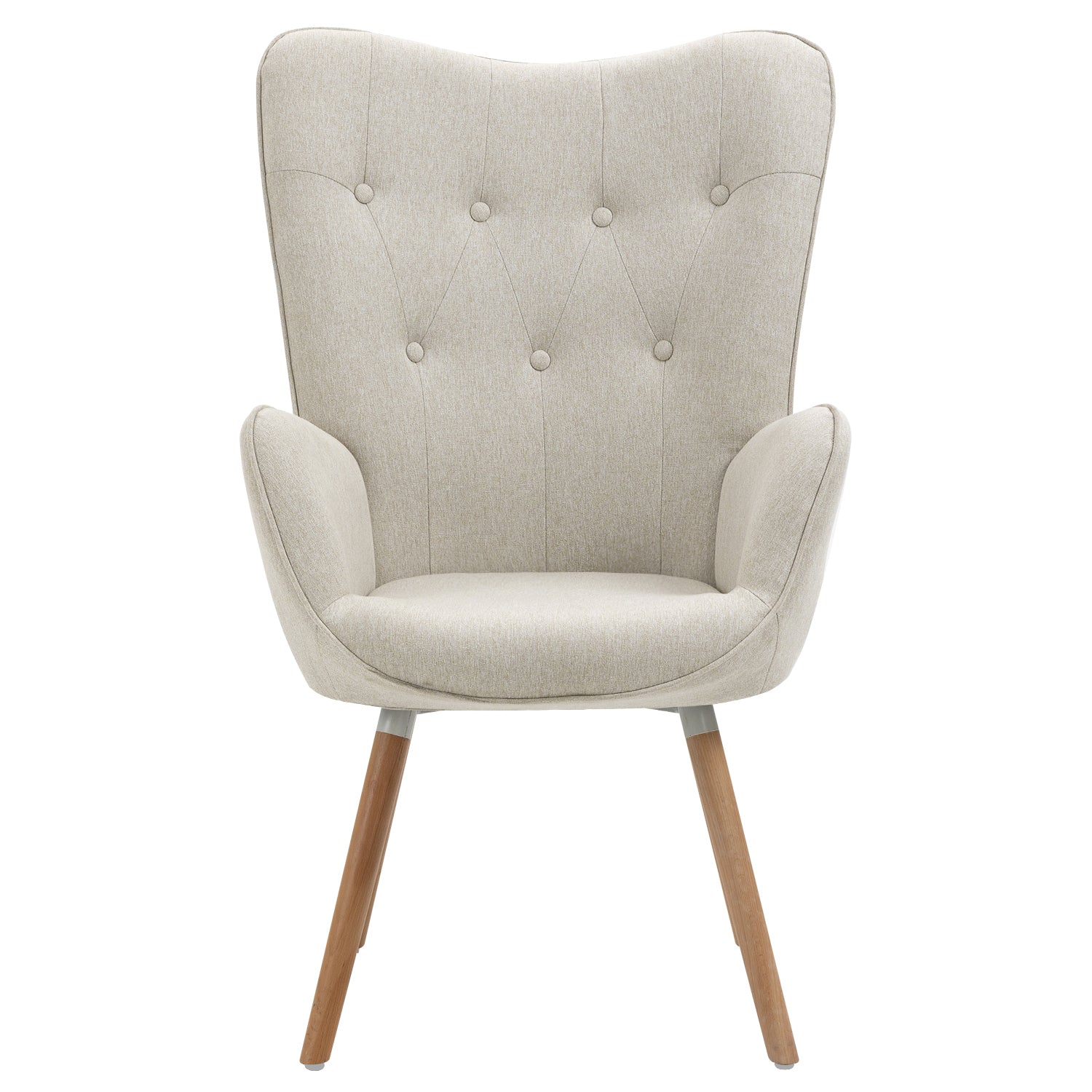 Scandinavian armchair with padded back, upholstered in beige fabric, solid wood legs - KAS FABRIC BEIGE NATURAL WOOD