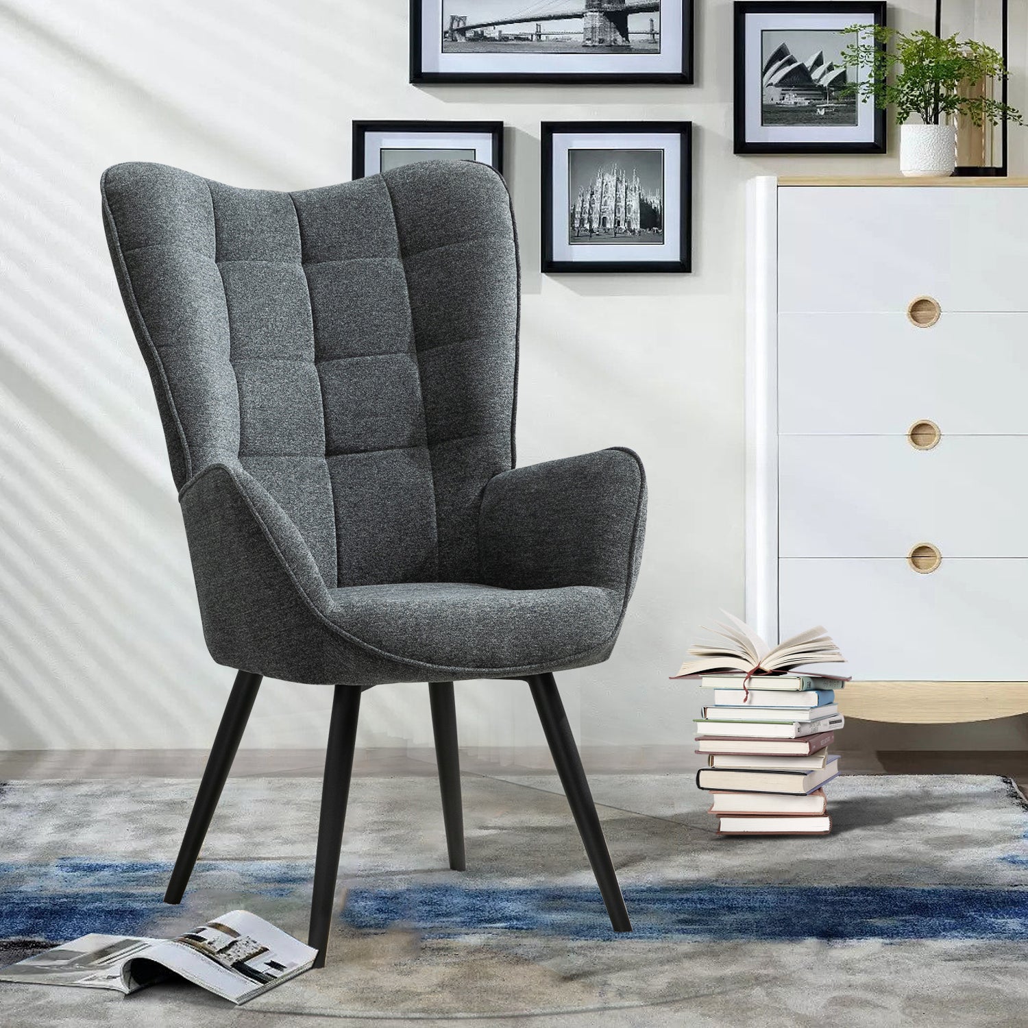 Scandinavian armchair with armrests in dark gray fabric with stitching - Funkel