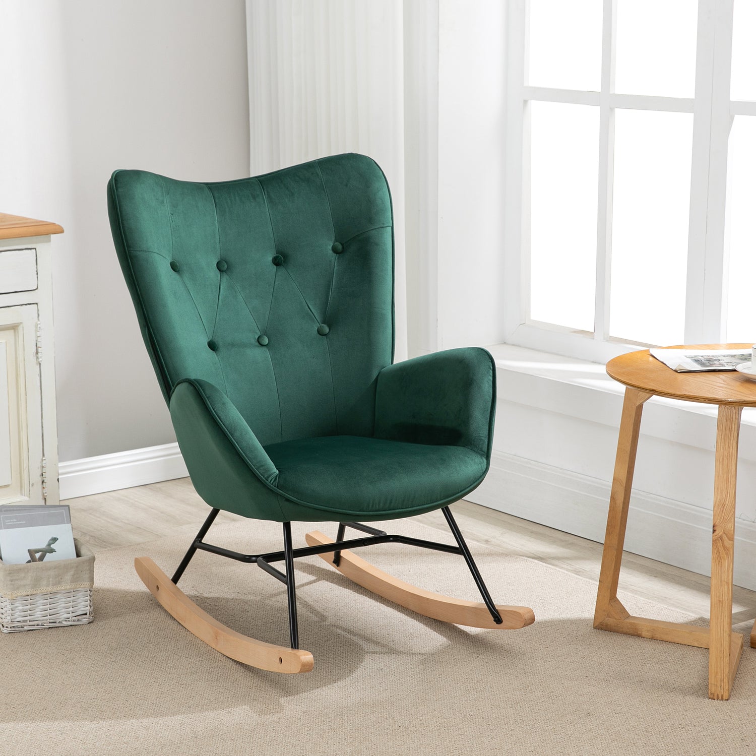 Comfortable rocking chair in dark green velvet - EPPING KD VELVET GREEN WOOD LEG