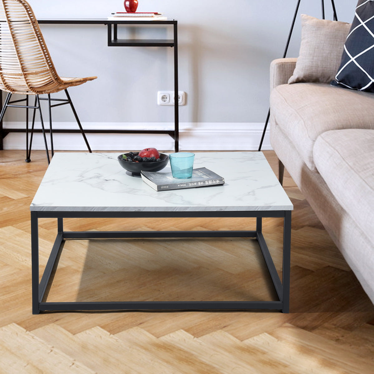 Square coffee table with industrial style, metal structure and imitation marble top - FACTO SQUARE COFFEE TABLE MARBLE