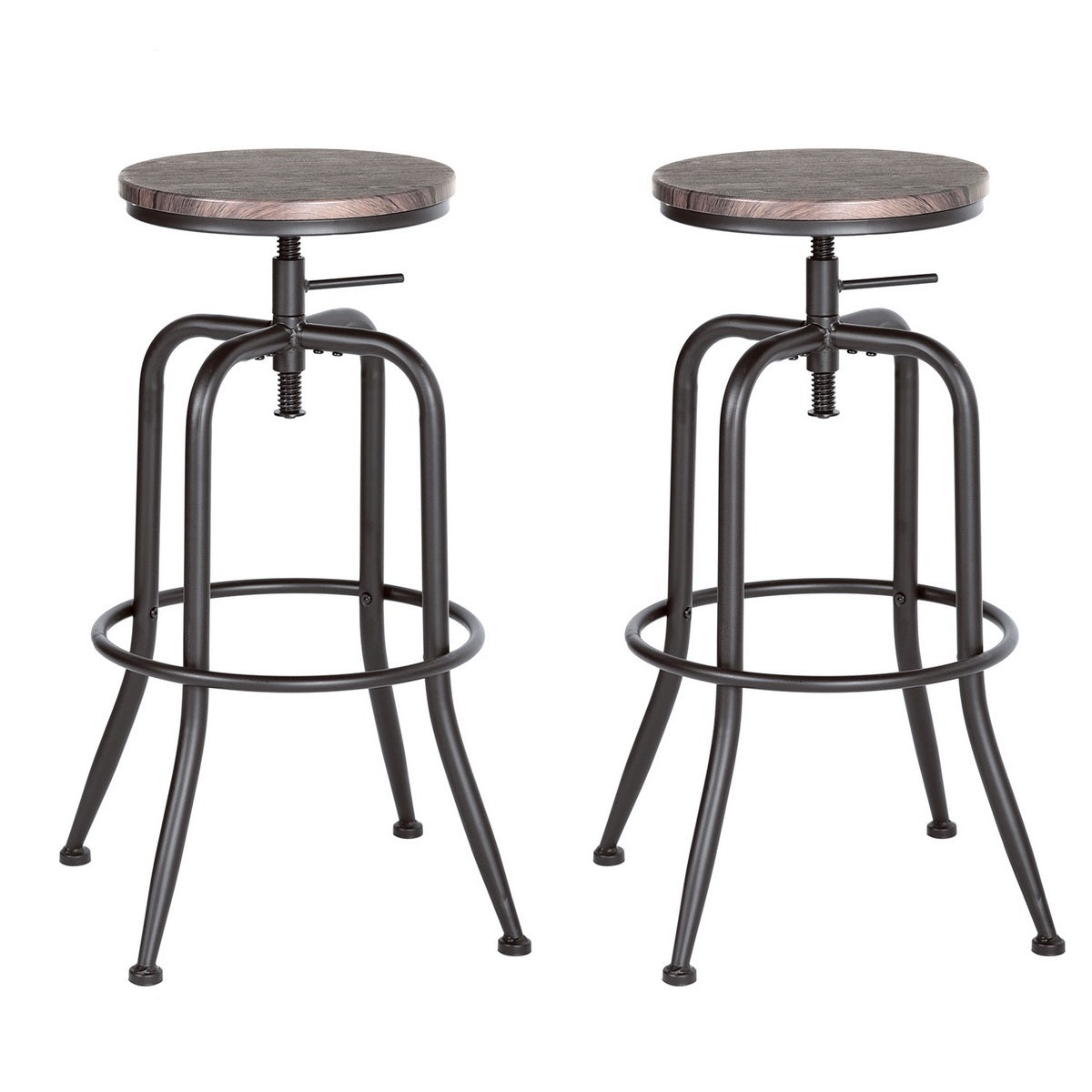 Set of 2 industrial bar stools with metal legs, 360° swivel wooden seat, adjustable height with footrest - ANACLETUS WALNUT