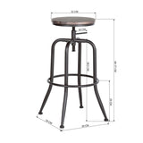 Set of 2 industrial bar stools with metal legs, 360° swivel wooden seat, adjustable height with footrest - ANACLETUS WALNUT