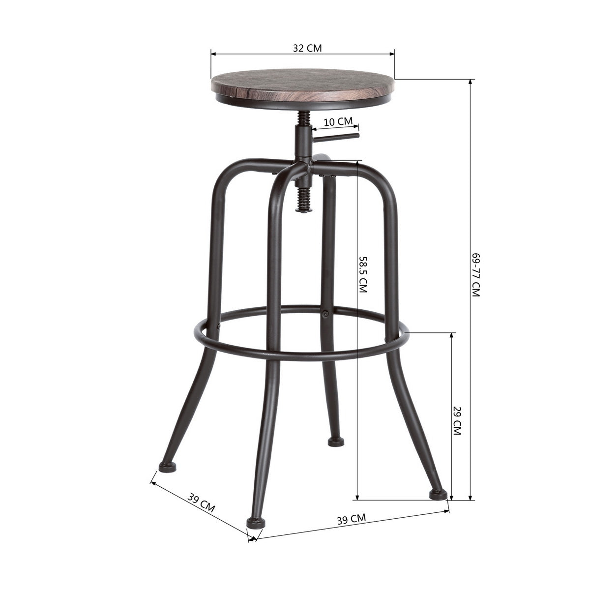 Set aus 2 industriellen Barhockern mit Metallbeinen, um 360° drehbarem Holzsitz, höhenverstellbar mit Fußstütze – ANACLETUS WALNUSS