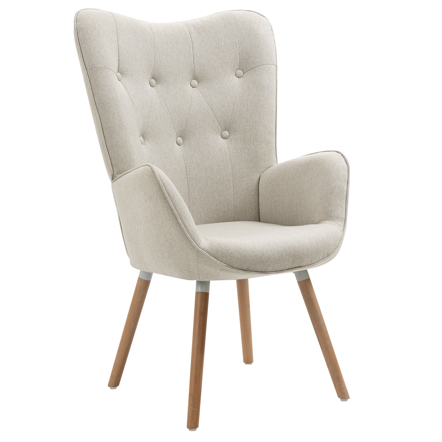 Scandinavian armchair with padded back, upholstered in beige fabric, solid wood legs - KAS FABRIC BEIGE NATURAL WOOD