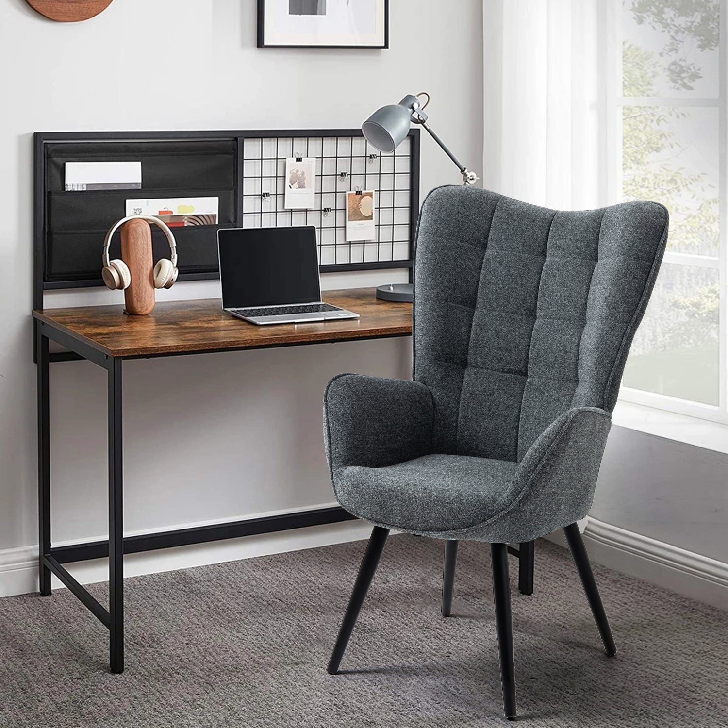 Scandinavian armchair with armrests in dark gray fabric with stitching - Funkel