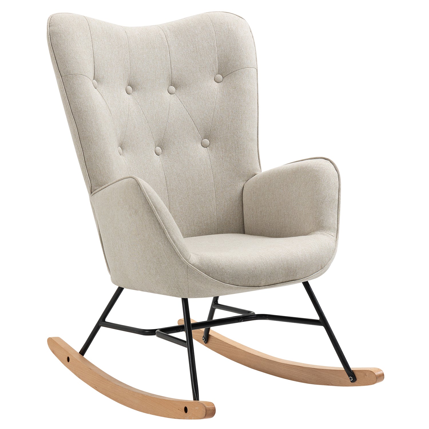 Comfortable Scandinavian nursing rocking chair in beige padded fabric - EPPING FABRIC BEIGE NATURE WOOD LEG