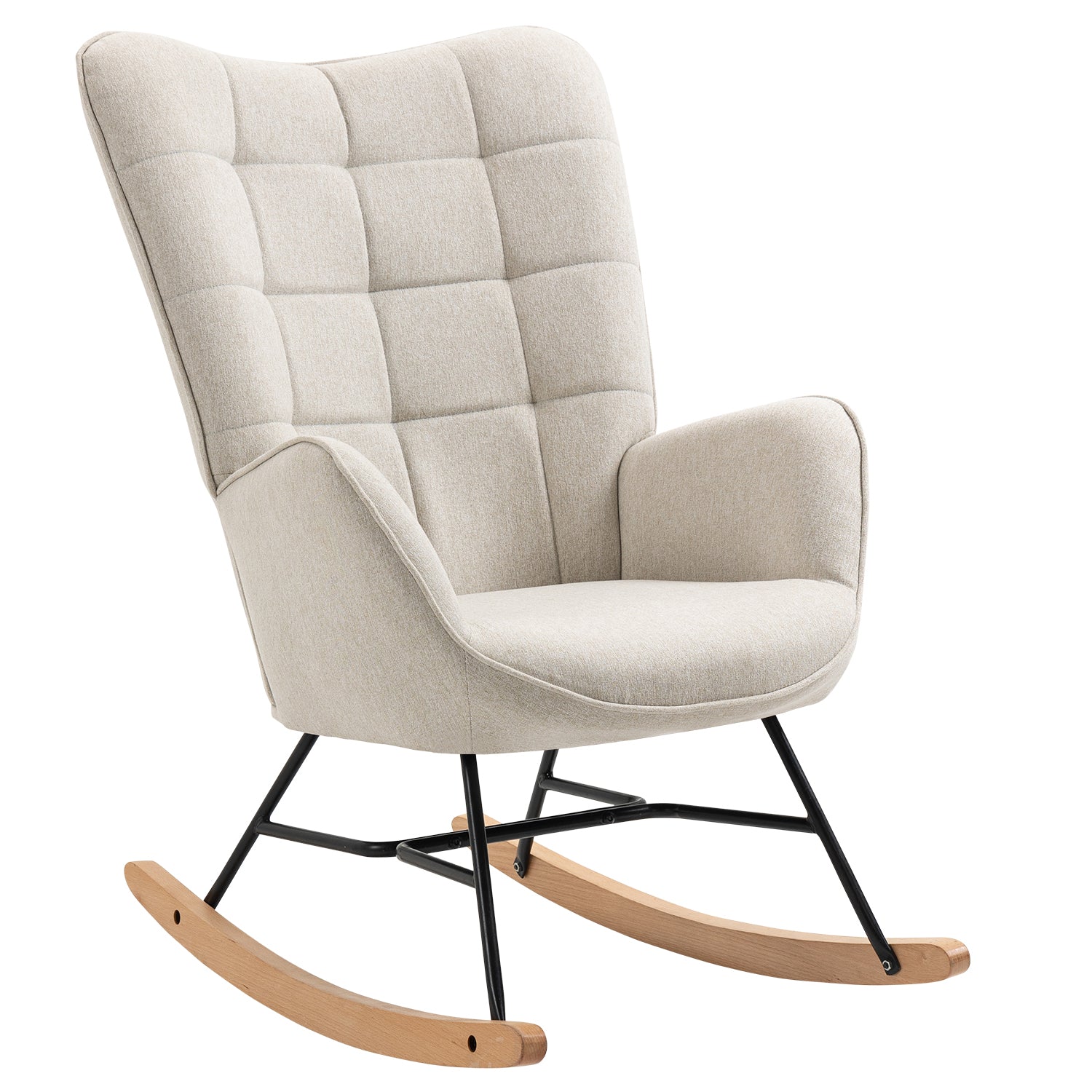 Fauteuil à bascule allaitement scandinave avec accoudoirs en tissu beige à surpiqûres - FUNKEL