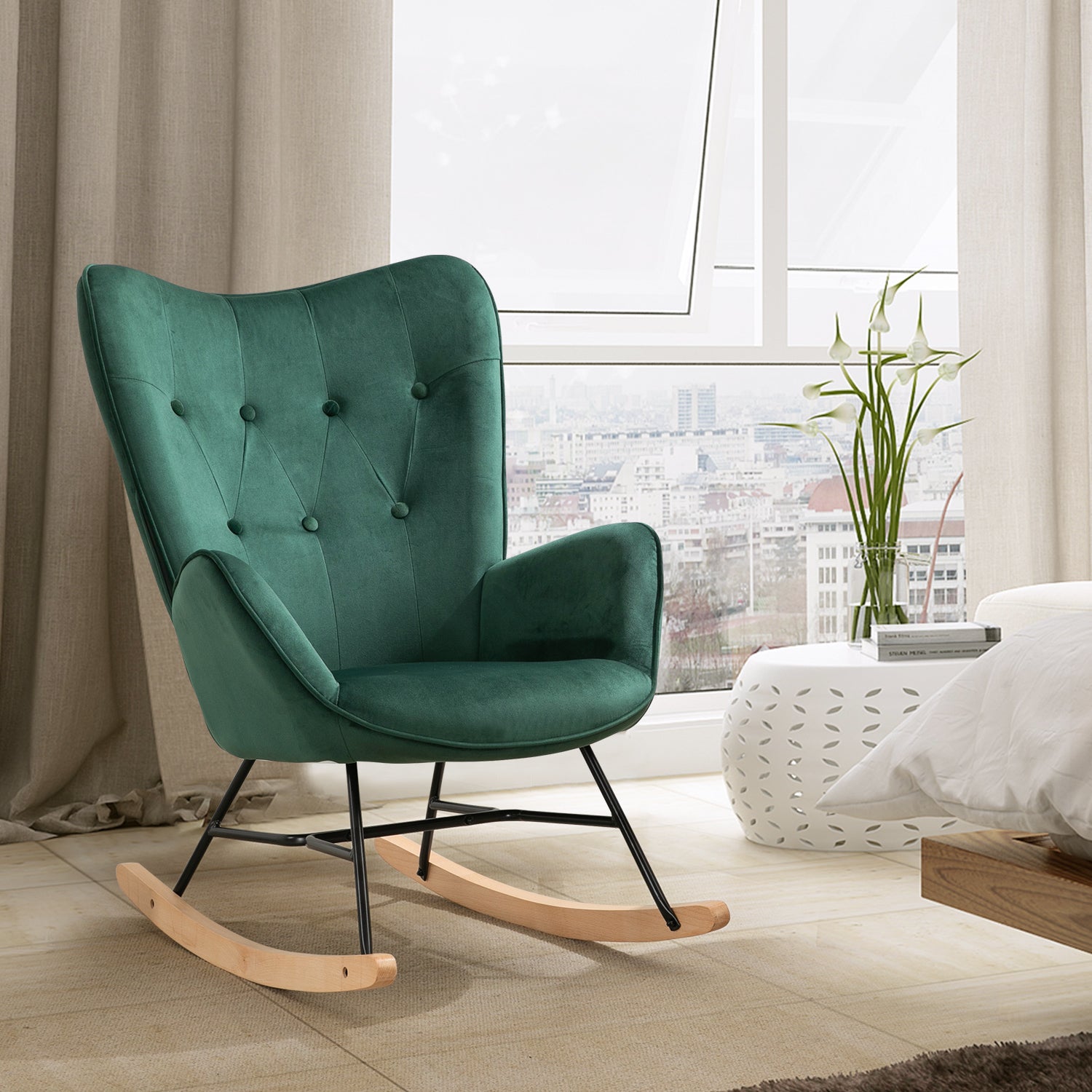 Cómoda mecedora de terciopelo verde oscuro - EPPING KD VELVET GREEN WOOD LEG