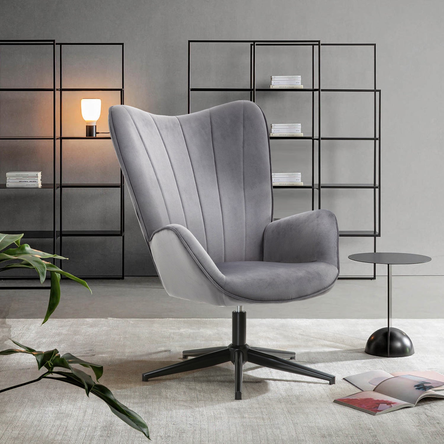 Chaise de relaxation, fauteuil de salon avec accoudoirs, pivotant à 360 degrés, en tissu gris, pieds en métal noir - LINDELOF GREY