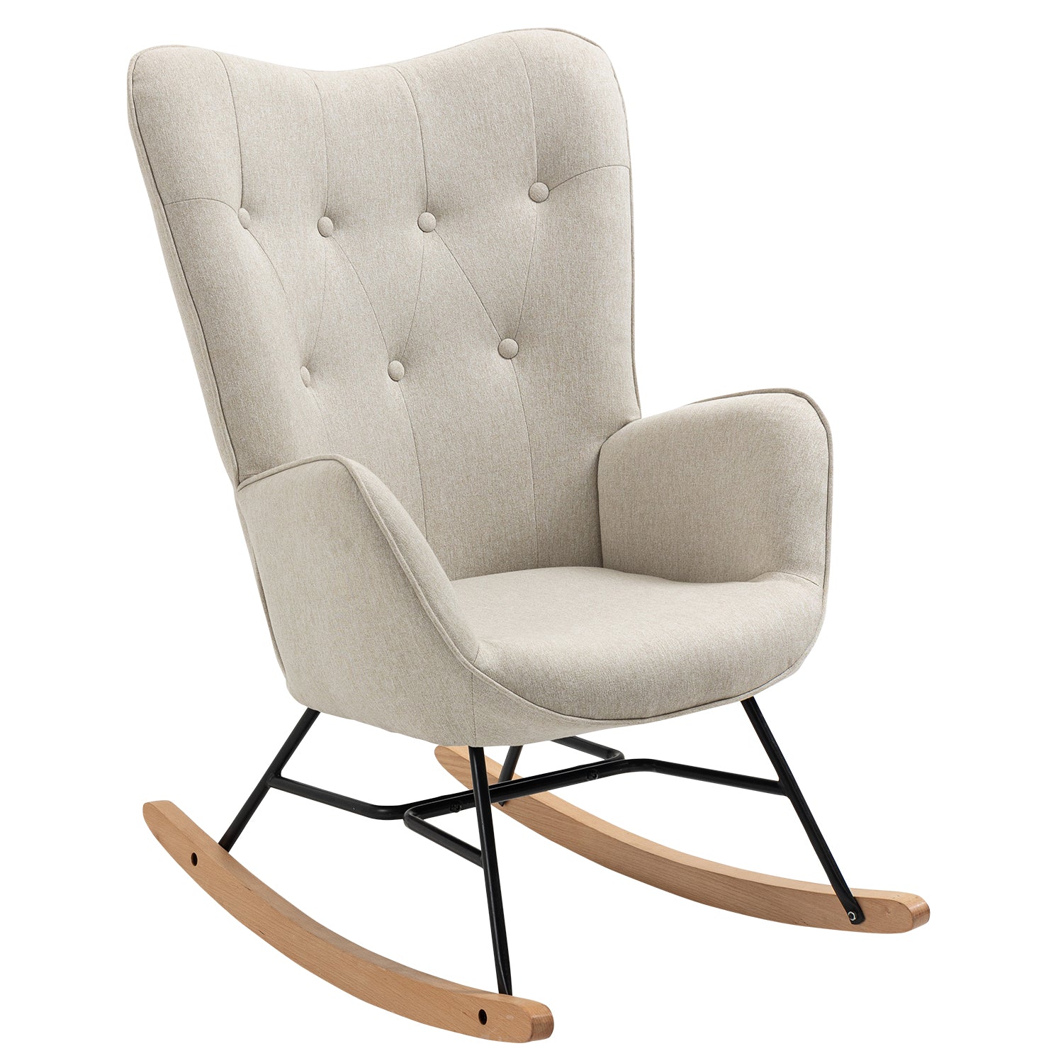 Comfortable Scandinavian nursing rocking chair in beige padded fabric - EPPING FABRIC BEIGE NATURE WOOD LEG