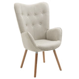 Scandinavian armchair with padded back, upholstered in beige fabric, solid wood legs - KAS FABRIC BEIGE NATURAL WOOD