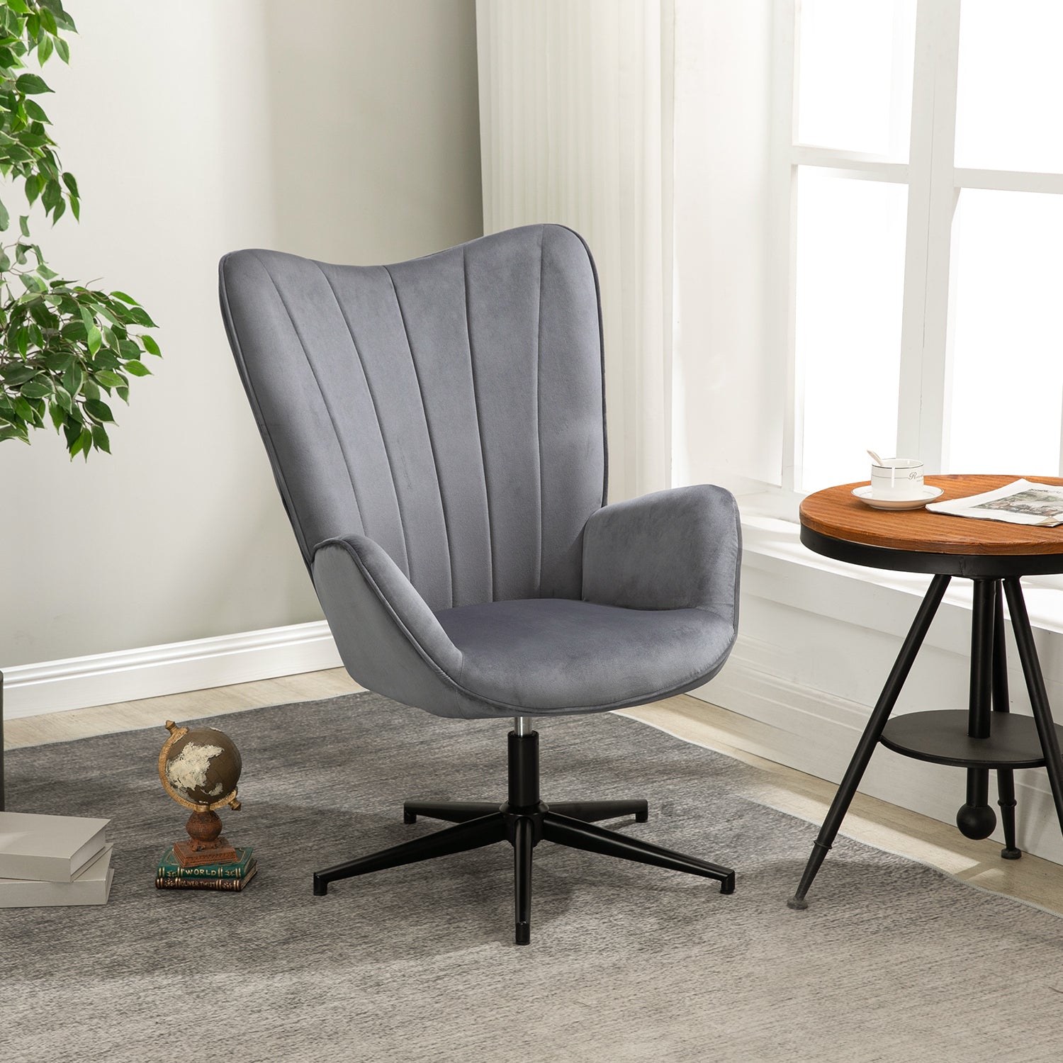 Chaise de relaxation, fauteuil de salon avec accoudoirs, pivotant à 360 degrés, en tissu gris, pieds en métal noir - LINDELOF GREY