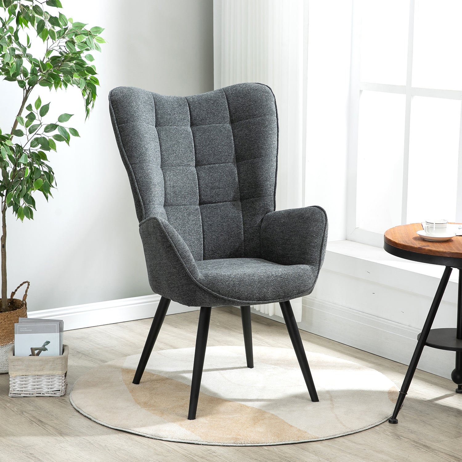 Scandinavian armchair comfortable back with armrests padded in dark gray fabric with stitching, black metal legs - FUNKEL DARK GRAY