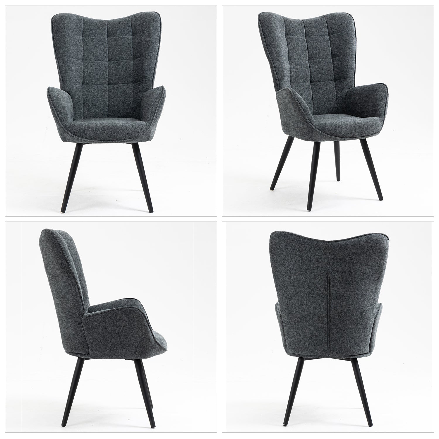 Scandinavian armchair with armrests in dark gray fabric with stitching - Funkel