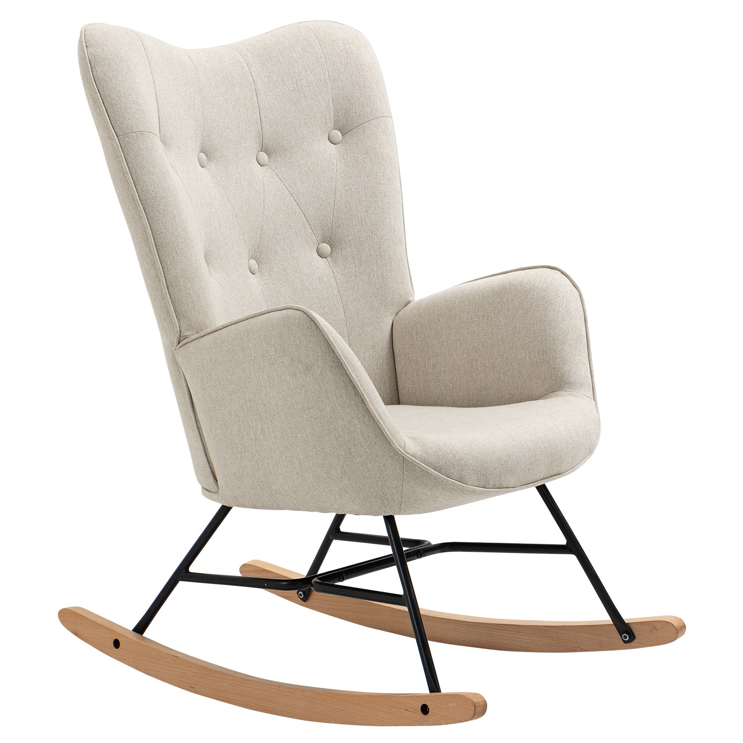 Comfortable Scandinavian nursing rocking chair in beige padded fabric - EPPING FABRIC BEIGE NATURE WOOD LEG