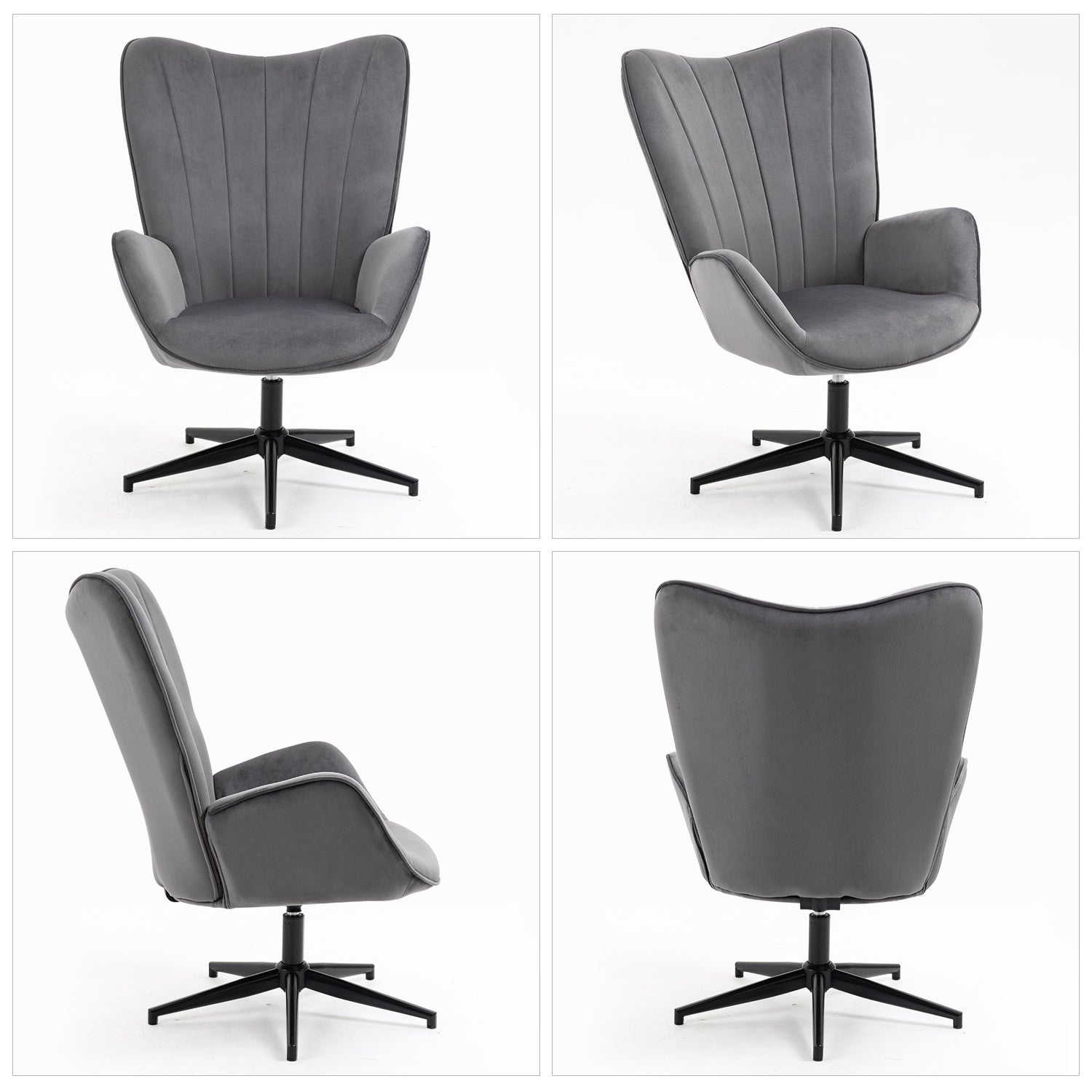 Relaxation chair, living room armchair with armrests, 360 degree swivel, in gray fabric, black metal legs - LINDELOF GRAY