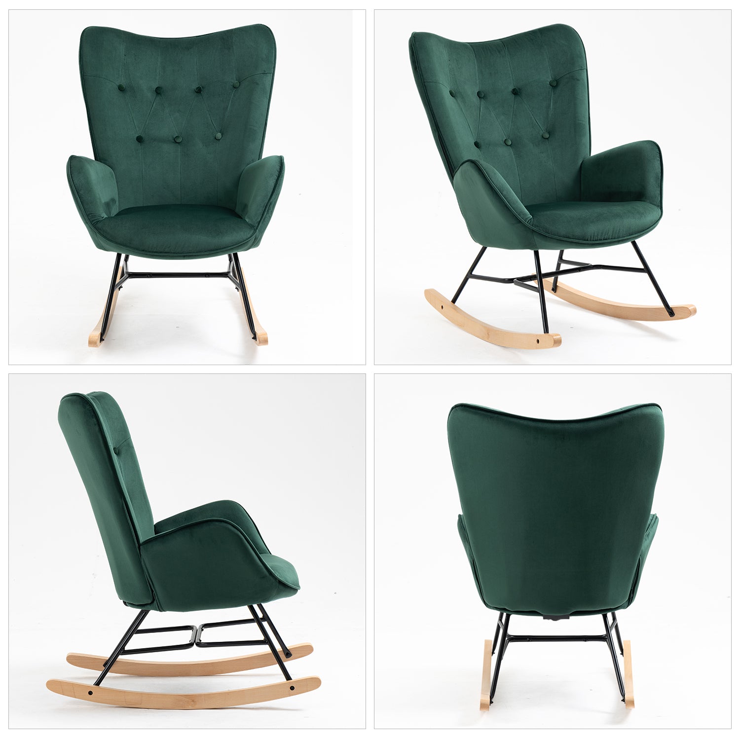 Comfortable rocking chair in dark green velvet - EPPING KD VELVET GREEN WOOD LEG