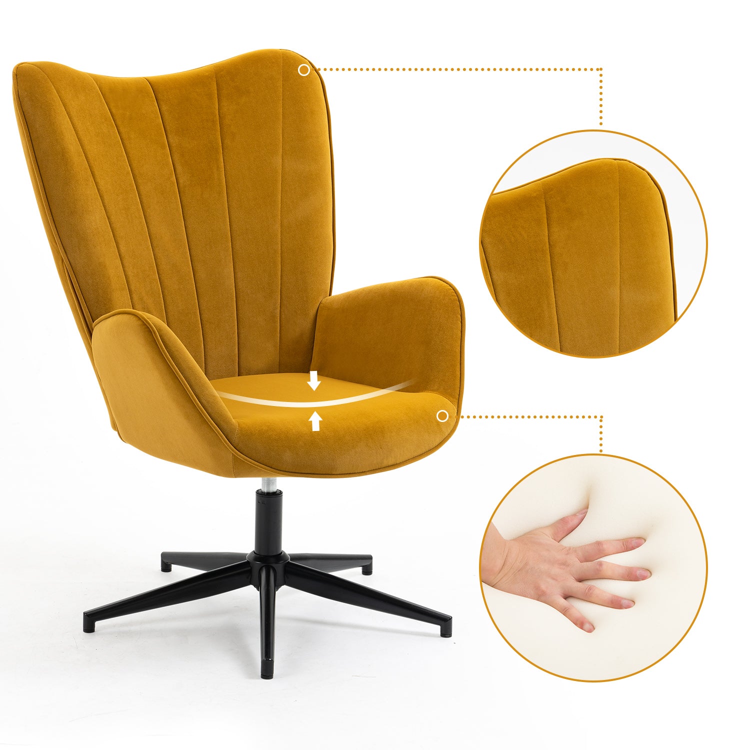 Chaise de relaxation, fauteuil de salon avec accoudoirs, pivotant à 360 degrés, en tissu jaune, pieds en métal noir - LINDELOF TURMERIC