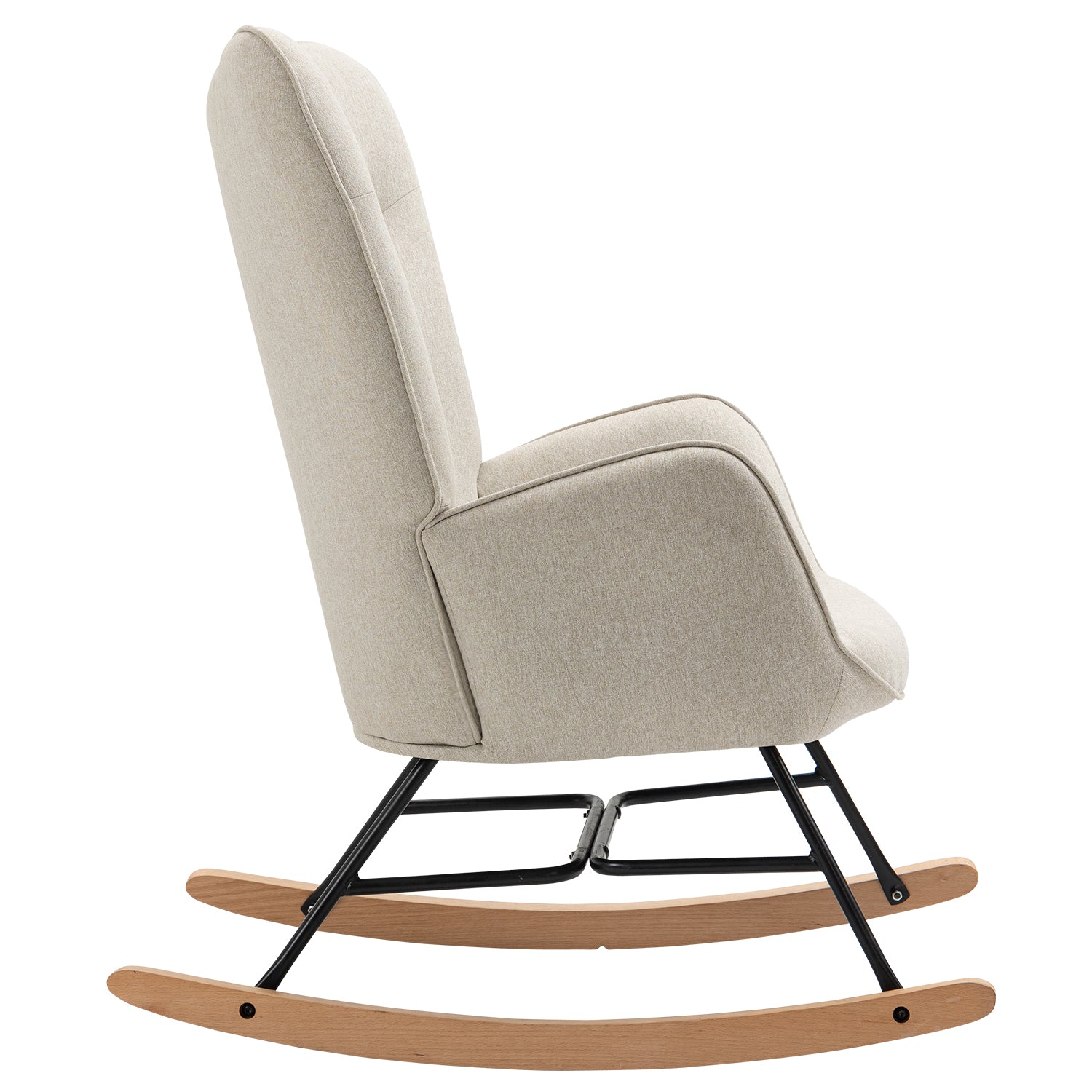 Comfortable Scandinavian nursing rocking chair in beige padded fabric - EPPING FABRIC BEIGE NATURE WOOD LEG