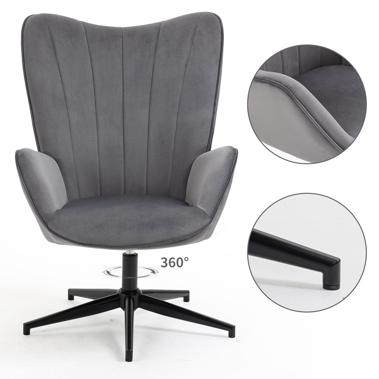 Chaise de relaxation, fauteuil de salon avec accoudoirs, pivotant à 360 degrés, en tissu gris, pieds en métal noir - LINDELOF GREY