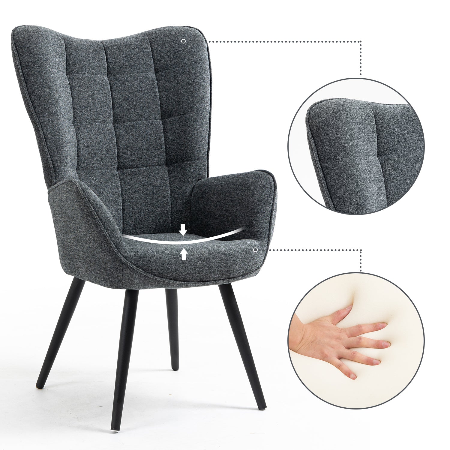 Scandinavian armchair with armrests in dark gray fabric with stitching - Funkel