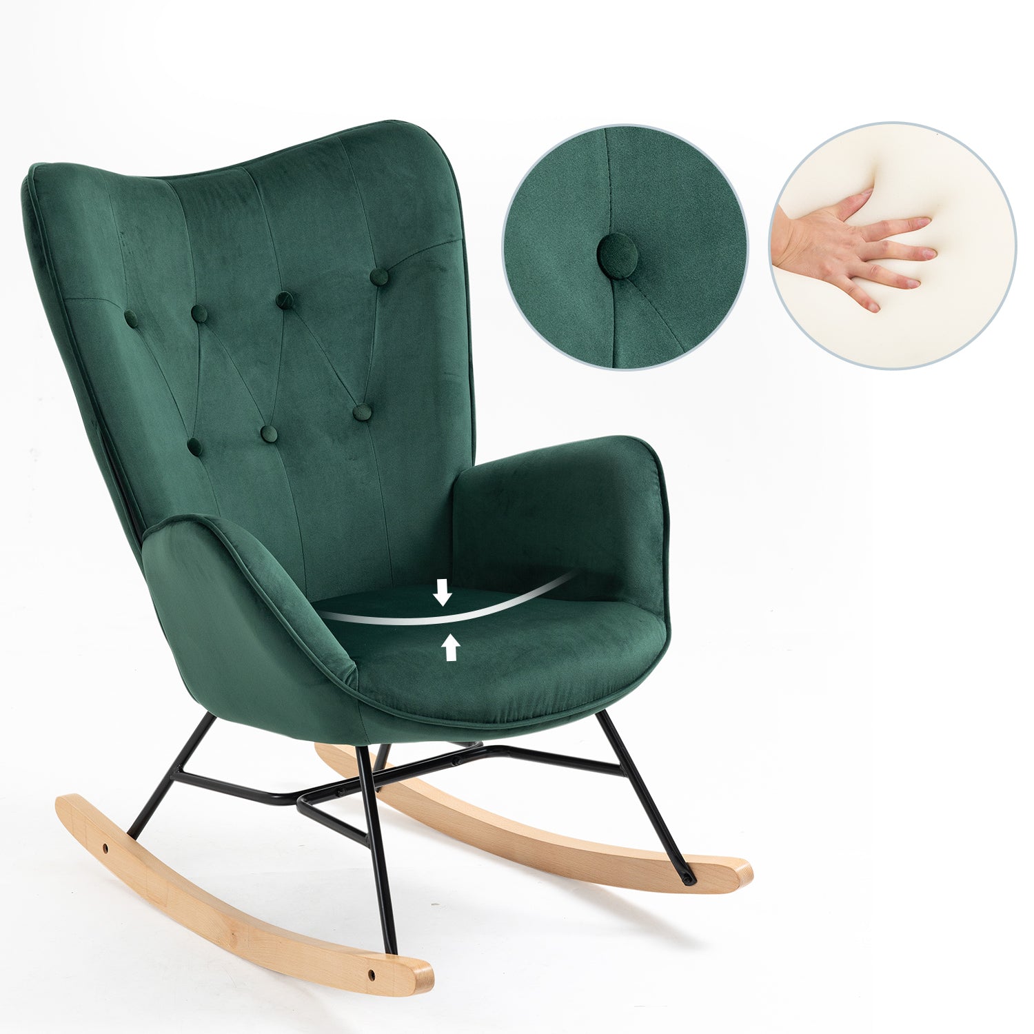 Fauteuil à bascule confortable en velours vert foncé - EPPING KD VELVET GREEN WOOD LEG