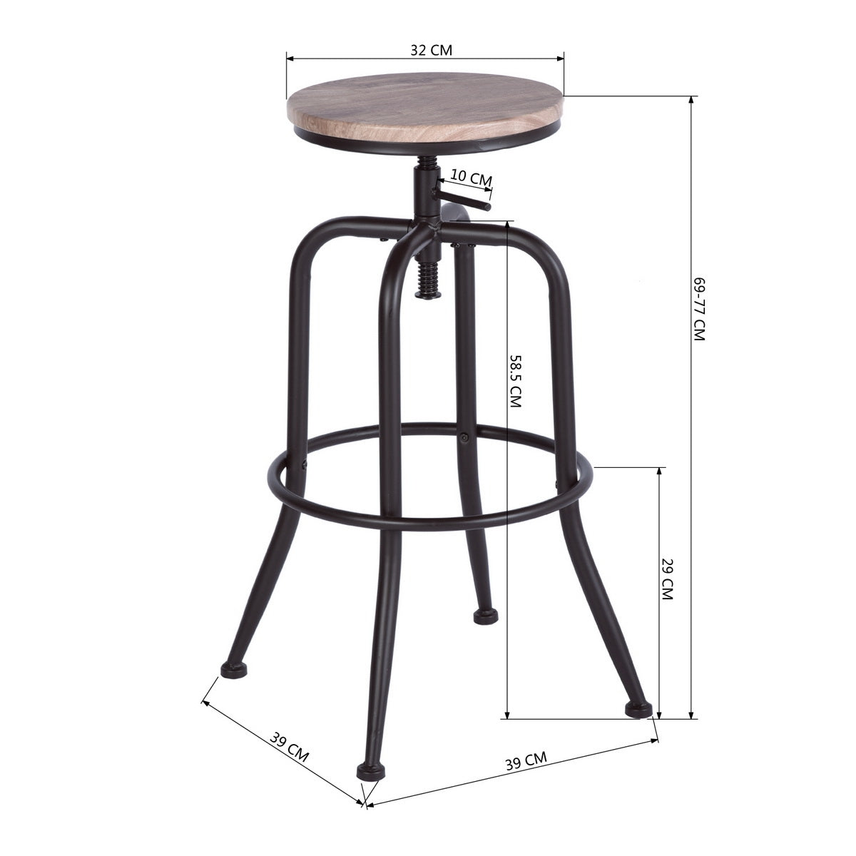 Set di 2 sgabelli da bar industriali con gambe in metallo color moka, sedile in legno girevole a 360°, altezza regolabile con poggiapiedi - ANACLETUS OAK LMKZ