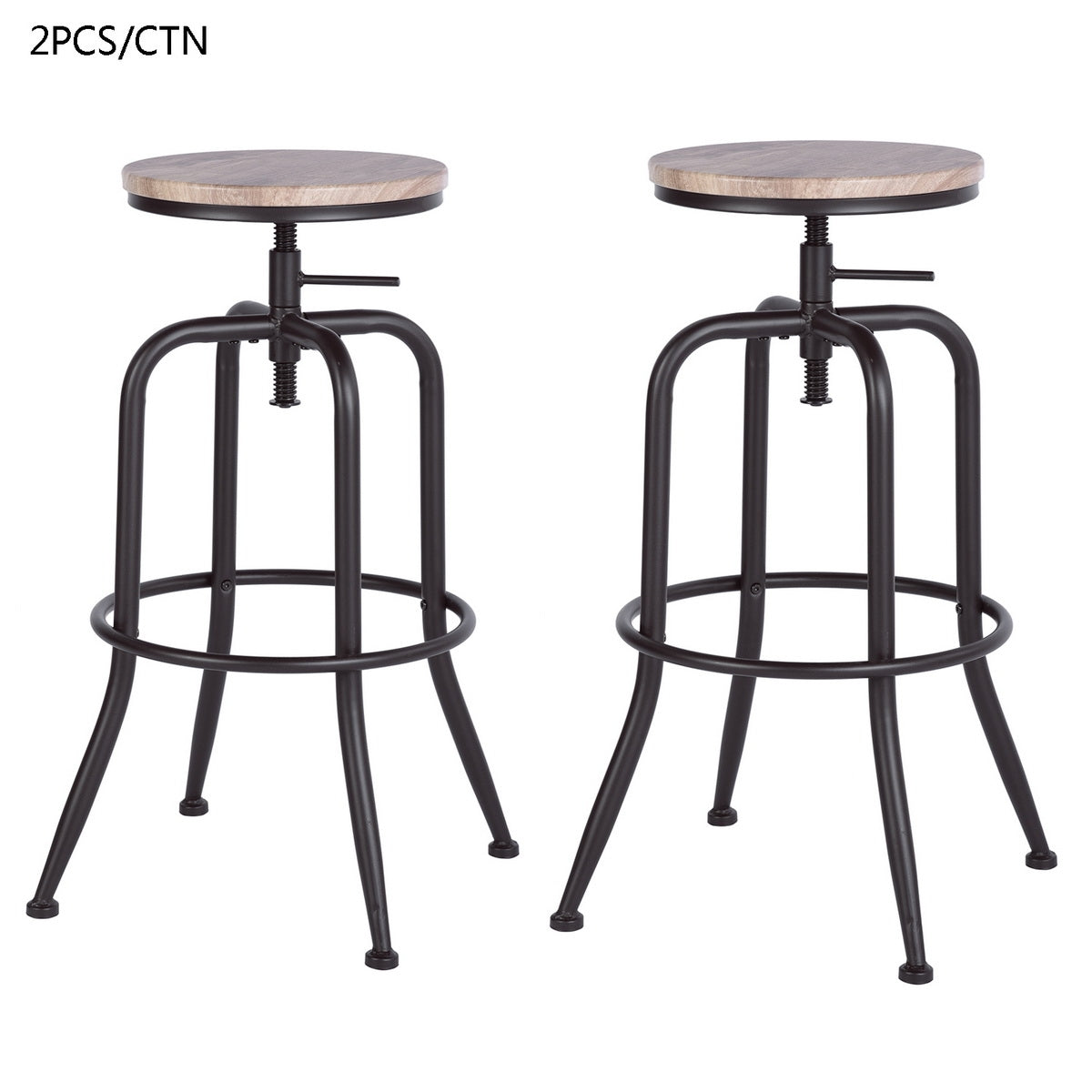 Set of 2 industrial bar stools with mocha-colored metal legs, 360° swivel wooden seat, adjustable height with footrest - ANACLETUS OAK LMKZ