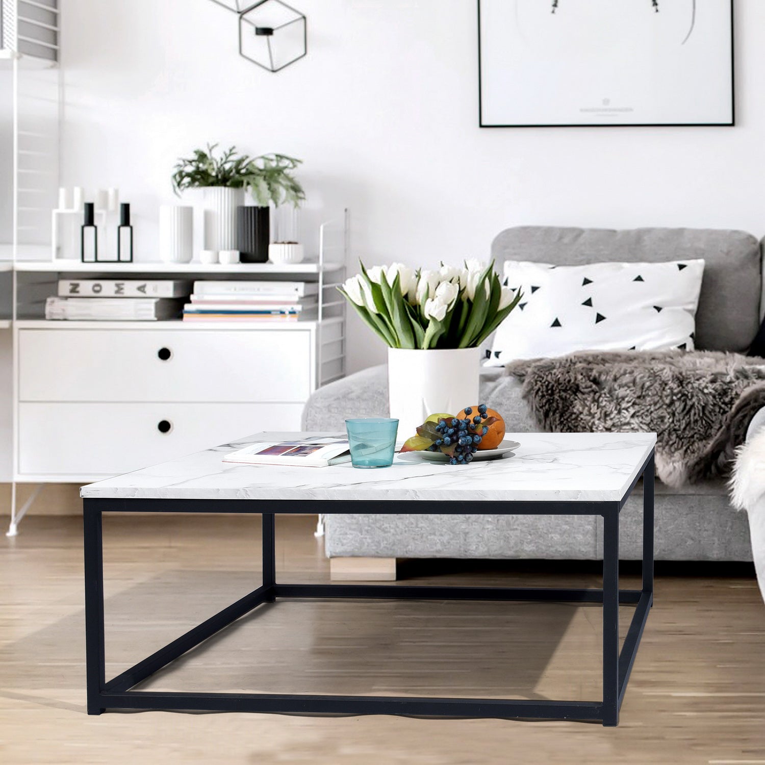 Square coffee table with industrial style, metal structure and imitation marble top - FACTO SQUARE COFFEE TABLE MARBLE