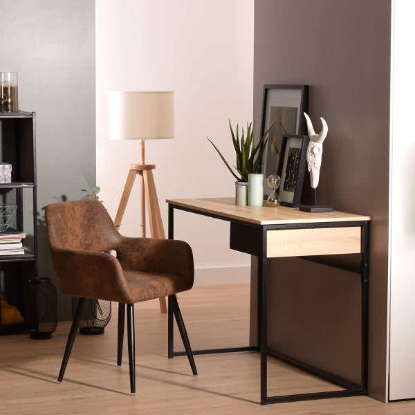 Set of 2 retro vintage dining room chairs with armrests and suede padded seat, black metal legs - CROMWELL BROWN