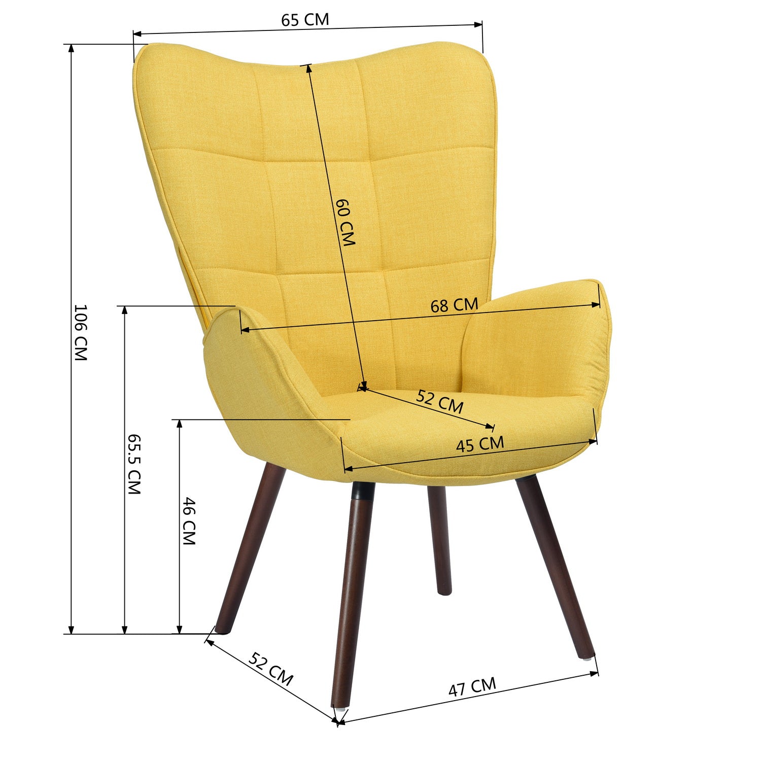 Sillón escandinavo acolchado con reposabrazos amarillos, patas de madera oscura - BOGDAN YELLOW DARK WOOD LEG