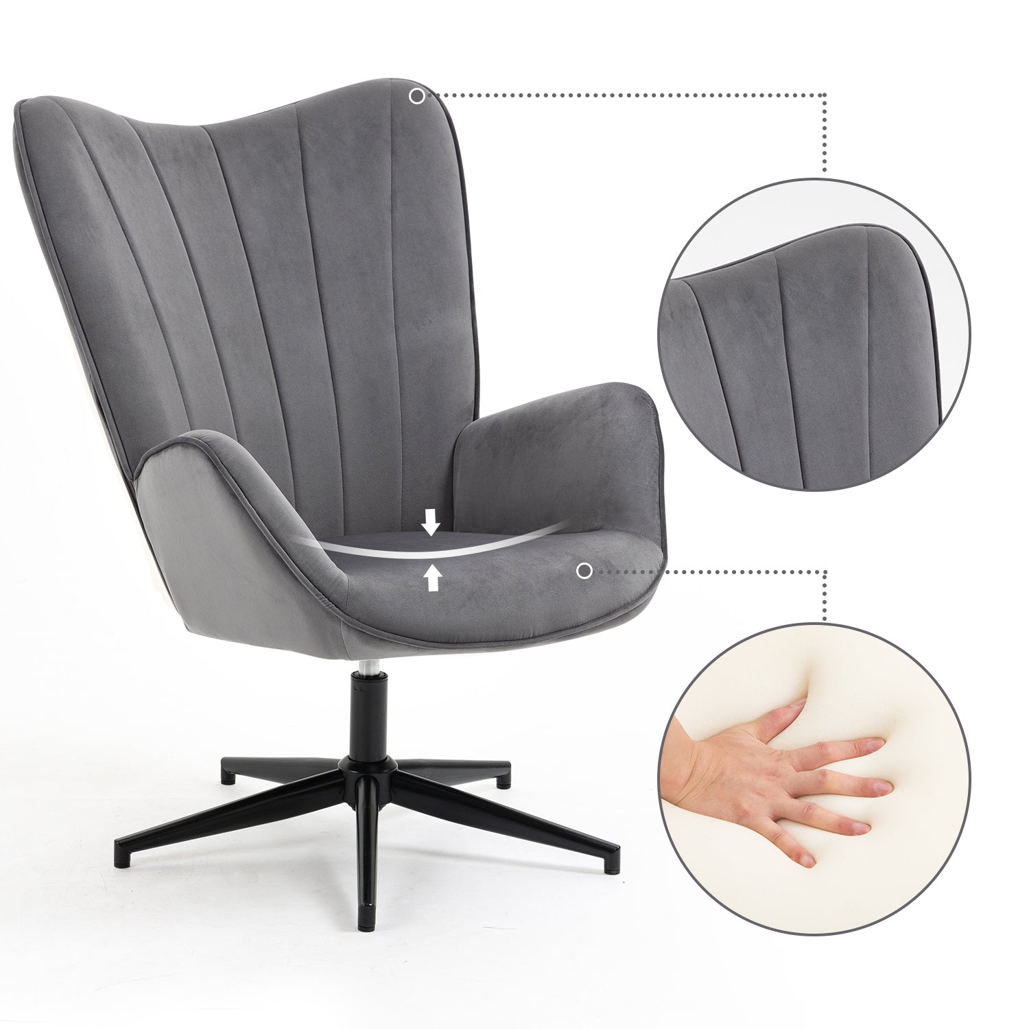 Chaise de relaxation, fauteuil de salon avec accoudoirs, pivotant à 360 degrés, en tissu gris, pieds en métal noir - LINDELOF GREY