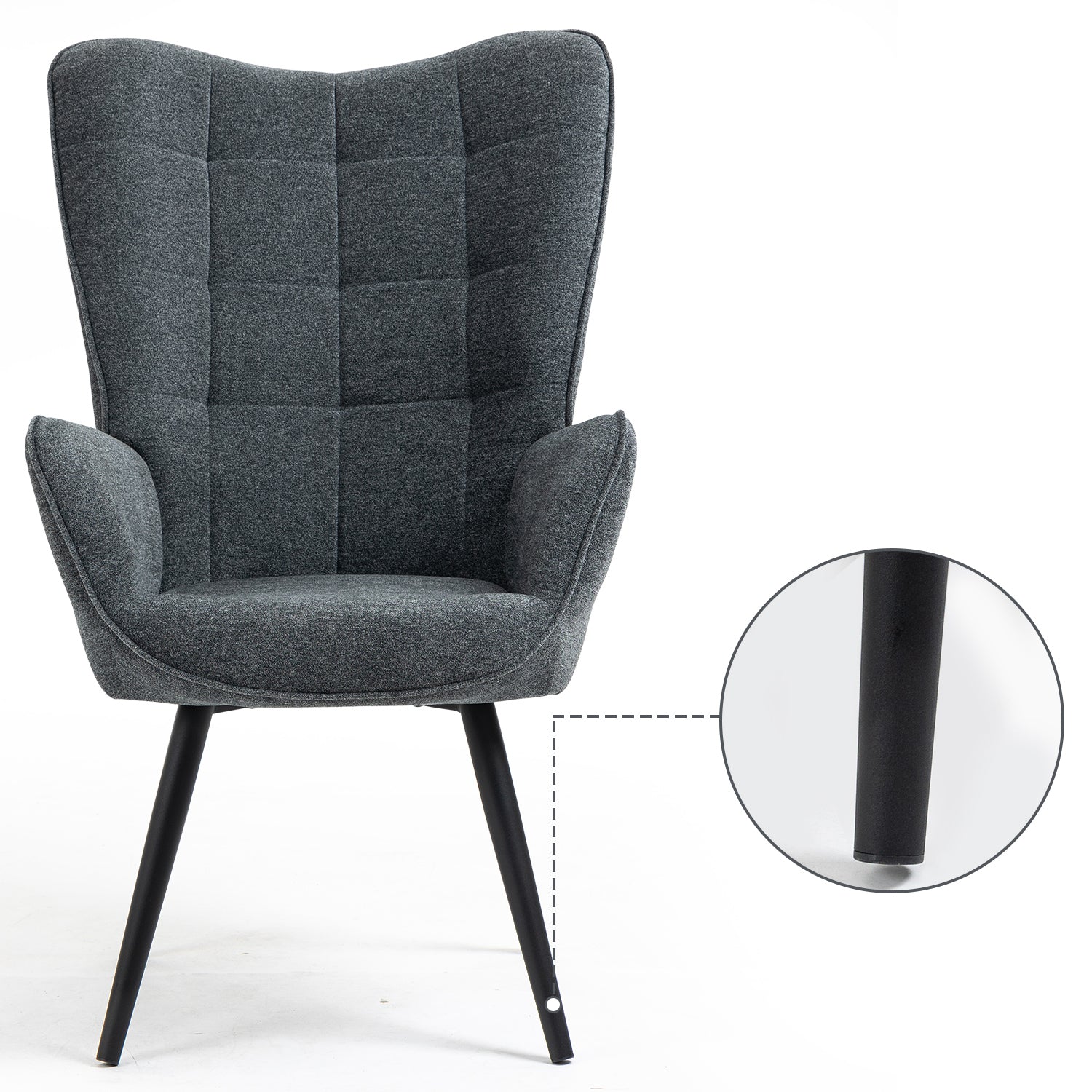 Scandinavian armchair with armrests in dark gray fabric with stitching - Funkel