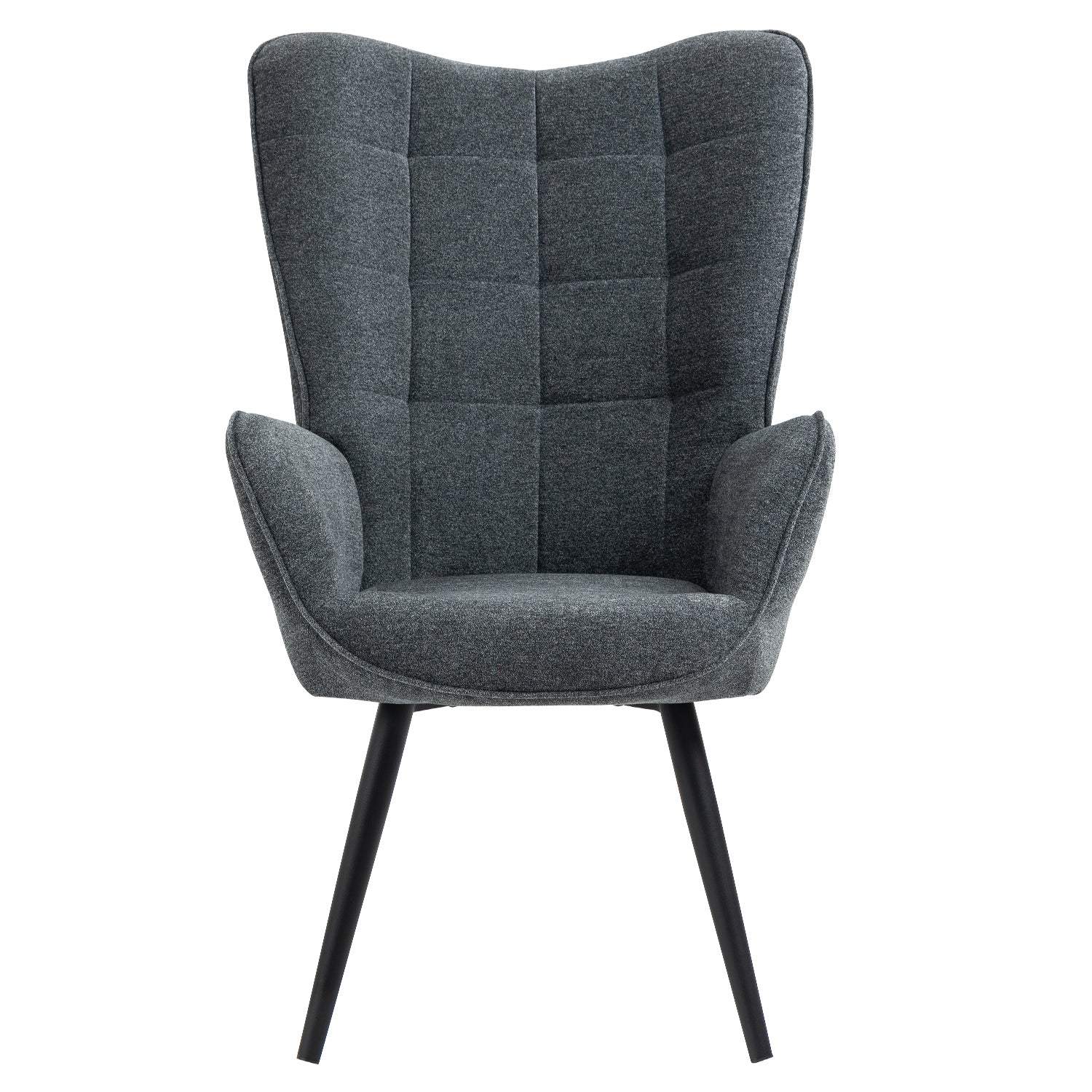 Scandinavian armchair comfortable back with armrests padded in dark gray fabric with stitching, black metal legs - FUNKEL DARK GRAY