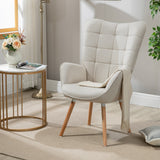 Scandinavian armchair with armrests in beige fabric with stitching - FUNKEL