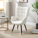 Scandinavian armchair with armrests in beige fabric with stitching - FUNKEL